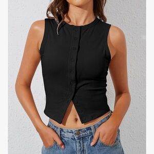 High Neck Button Front Sleeveless Tank